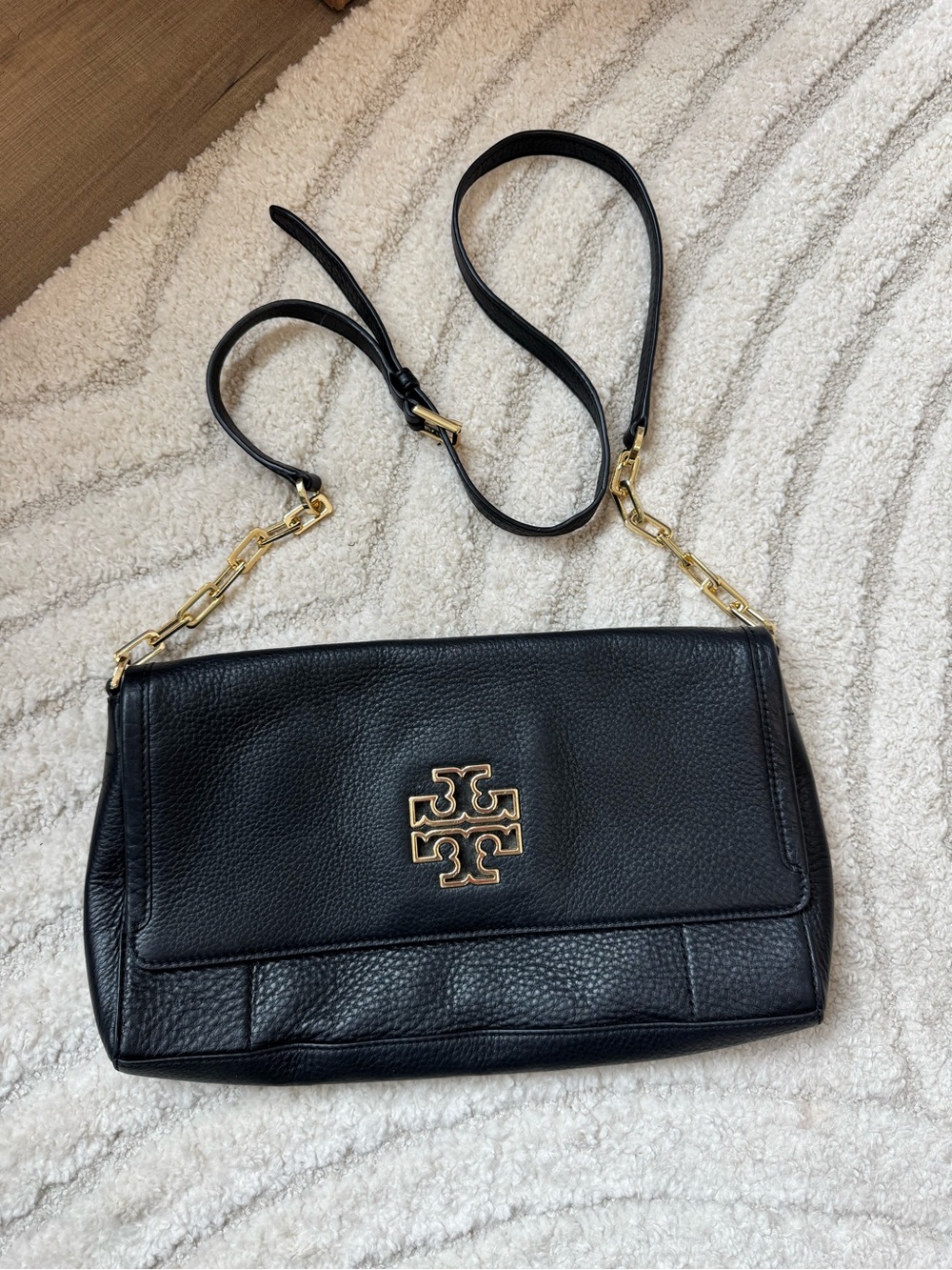 Tory Burch Black Leather Crossbody with Gold Logo Chain